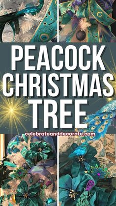 the peacock christmas tree is decorated with blue and green feathers