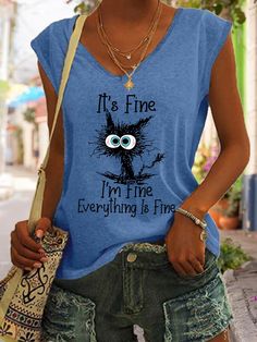 Fit Cotton-Blend V Neck Basics Tank Tops is fashionable and cheap, come to Lilicloth to find out about the Clothing Black Cat Print, Jeans Overall, Jeans Cargo, Sleeveless Tee, Cat Graphic, Maxi Robes, Casual Vest, Everything Is Fine, Womens Tops Summer