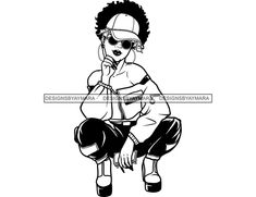 a black and white drawing of a person sitting on top of a stool wearing sunglasses