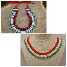 Hunagrian tricolor beadwork necklace. 2 styles. * Dimensions of the necklace: 1.  Length of the first raw: 34 cm (12.99 in) + satin ribbon. 2. Length of the necklace with clasp: 42 cm (16.54 in) * Description of the necklace: This jewelry  is made of 6 mm glass pearl beads and czech glass seed beads. I used strong beading thread for this jewelry. * Custom order: I gladly accept custom orders. If you need other color or other size of length, please don't hesitate to contact me. I love to be creat Traditional Beaded Christmas Jewelry, Traditional Beaded Jewelry For Christmas, Multicolor Round Beads Jewelry For Independence Day, Traditional Christmas Beaded Jewelry, Traditional Handmade Christmas Jewelry, White Beaded Jewelry For Independence Day, Handmade Round Beads Jewelry For Independence Day, Handmade Jewelry With Round Beads For Independence Day, Handmade Red Jewelry For Independence Day