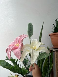 two white and pink crocheted flowers sitting on top of a wooden table next to potted plants