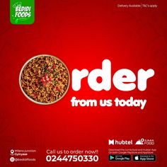 a red advertisement with the words order from us today and a bowl of oatmeal