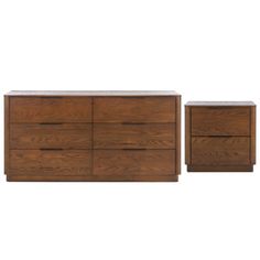 two wooden dressers sitting next to each other