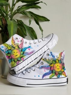 Hippie Sun Hand Painted Shoes / Custom Trainers / Handmade Sun - Etsy Smiley Sun, Hippie Sun, Follow The Sun, Painted Sneakers, Sun Illustration, Custom Converse, Hand Painted Shoes, Shoes Custom, Painted Clothes