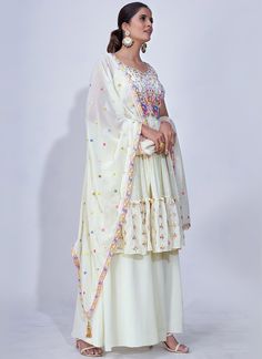 Shop Latest Bridesmaids Outfit - HATKAY Embellished Multicolor Embroidered Sharara For Designer Wear, Semi-stitched Anarkali Embroidered Dress In Georgette, Embroidered Georgette Palazzo Set For Wedding, Eid Embroidered Dress In Georgette, Traditional Georgette Dress With Intricate Embroidery, Embroidered Embellished Dupatta For Designer Wear, Traditional Draped Embroidered Dress With Dupatta In Georgette, Off White Semi-stitched Georgette Dress, Festive Embroidered Chiffon Salwar Kameez