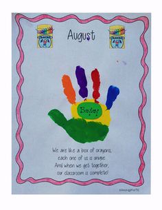 a child's handprint with the words august on it