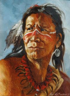 an oil painting of a native american woman with feathers on her head and eyeliners