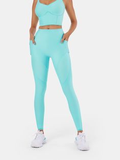 Body Sculpt Double Coverage Leggings Ice Aqua Yoga Bottoms With Contoured Waistband And Medium Support, Athleisure Bottoms With Contoured Waistband And Medium Support, Athleisure Bottoms With Contoured Waistband, Tight Sportswear Bottoms For Training, High Rise High Stretch Bottoms For Training, High Rise High Stretch Training Bottoms, Fitted Leggings With Pockets For Running, Fitted Mid-rise Running Bottoms, Compressive Long Pants For Workout