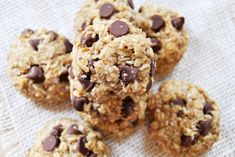 cookies with chocolate chips and oatmeal are piled on top of each other