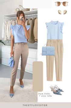 Work Outfit Women Fall, Outfit Ideas 2023 Style, Cute Summer Work Outfits For Women, Elegant Slacks Outfit, Spring Slacks Outfits, How To Style A Beige Pants, Blue And Khaki Outfits For Women, Cool Summer Work Outfits, Casual Shirt Outfit Women