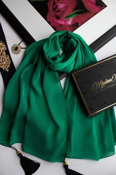 Green Jasmine Hijab - Muslima Wear Elegant Silk Shawl For Eid, Elegant Silk Scarf For Eid, Elegant Shawl For Eid And Formal Occasions, Elegant Shawl For Formal Eid Occasions, Elegant Formal Shawl For Eid, Elegant Wedding Hijab, Elegant Green Hijab, Green Hijab, Green Collection