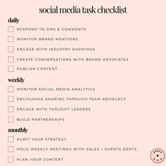 the social media task checklist is shown in pink with black and white writing on it