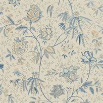 a blue and white wallpaper with flowers on the bottom half of it, in an ornate pattern