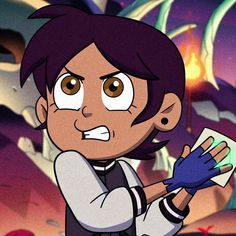 a cartoon character holding something in one hand and looking at the camera with an evil look on his face