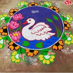 an image of a swan on the ground with flowers and leaves around it that says, spm