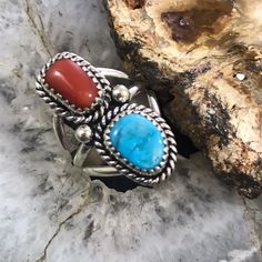 Native American Sterling Silver Coral And Sleeping Beauty Turquoise Decorated Split Shank Ring For Women. Size 8 Length 1 1/4" Weighs Approx 6.8 Grams (Mtrn53lg62) Southwestern Multi-stone Jewelry For Anniversary, Southwestern Natural Stones Jewelry For Anniversary, Split Shank Ring, Sleeping Beauty Turquoise, Split Shank, Womens Jewelry Rings, Ring For Women, Turquoise Ring, Nativity