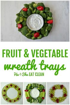 fruit and vegetable wreath trays with text overlay