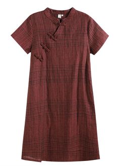 Beautiful Dark Red Plaid Stand Collar Chinese Style Button Linen A Line Dresses Short SleeveFabric: LinenSize & Fit: Fit: This garment fits true to size.Length: Size S measures 38.22"from shoulder to hemBust: Great for any cup size. Waist: Loose Fit. Comfortable room throughout midsection.Hip: Loose Fit - room for hips. Hand Wash Cold. Summer Dresses With Stand Collar And Buttons, Red Summer Dress With Stand Collar, Casual Dress With Stand Collar And Button Closure, Casual Dress With Button Closure And Stand Collar, Elegant Red Cotton Mini Dress, Red Cotton Dress With Button Closure, Red A-line Dress With Button Closure, Red Knee-length Dress With Buttons, Ruffle Dress Long