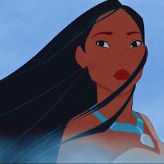 an animated image of a woman with long black hair and blue dress, looking at the camera