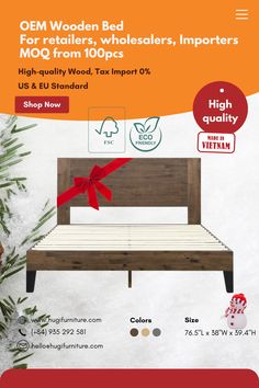 an advertisement for a bed that is made from wood and has red ribbon on it