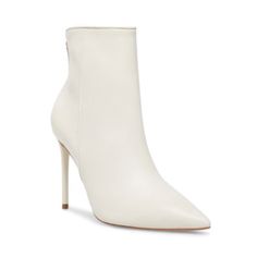 Let Your Inner Vixen Out This Season With The Help Of Via ? Our Foxiest Bootie Of The Moment, Featuring A Pointed Toe And Tall Stiletto Heel. Leather Upper Material 4 Inch Heel Height Functional Back Zipper White Booties With Reinforced Heel And Pointed Toe, White Pointed Toe Heeled Boots With Reinforced Heel, Blue Knee High Boots, Cream Pointed Toe Booties Medium Width, White Fitted Boots With 4-inch Heel, White Faux Leather Ankle-high Booties, Black Leather Riding Boots, White Block Heels, Suede Cowboy Boots