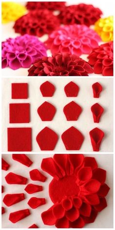 the process for making felt flowers is shown in three different stages, including red and yellow