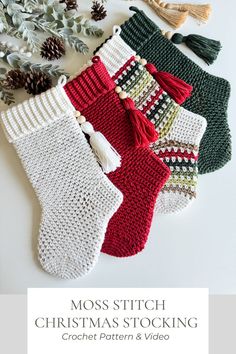 crochet christmas stockings with tassels and pom - poms on them