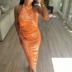 Brand New Color: Orange Sequin Embellished, Back Button Closure, Fully Lined, Fabric Provides Stretch Sleeveless, Halter Neck, Midi Dress 51in Long, Taken From Size S Back Zip And Hook Closure Polyester/Spandex Imported Dry Clean Sleeveless Midi Dress With Contrast Sequin, Fitted Sleeveless Midi Dress For Holiday Party, Summer Embellished Midi Sequin Dress, Glamorous Sleeveless Midi Dress For Holiday Party, Fitted Summer Midi Dress For Holiday Party, Fitted Summer Midi Dress With Contrast Sequin, Fitted Contrast Sequin Midi Dress For Summer, Fitted Midi Dress With Contrast Sequin For Summer, Summer Fitted Midi Dress With Contrast Sequin