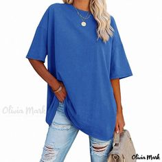 Olivia Mark - Oversized Relaxed Fit Drop Shoulder Round Neck Short Sleeve Top Tops For Women Casual, Loose Tunic, Sleeves Clothing, Basic Shirts, T Shirt Oversized, Loose Tops, Summer Cotton, Batwing Sleeve, Plus Size T Shirts