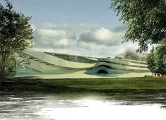 an artist's rendering of a futuristic building in the middle of a lake with trees around it