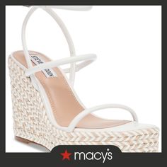 in stock Chic Straw Wedge Sandals With Ankle Strap, Trendy Straw Wedge Heels, White Straw Sandals For Beach Season, White Straw Wedge Sandals With Open Toe, White Straw Wedge Sandals For Beach, White Straw Wedge Sandals, White Straw Sandals For Vacation, Chic White Wedge Sandals For Beach Season, White Straw Summer Heels