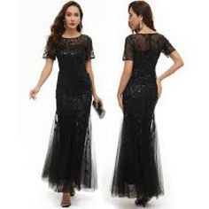 Women's Evening Dress 1920s Sequin Deco Mermaid Hem Maxi Long Ball Gown Black Pretty Guide, Size M Pit To Pit 18” Brand New Msrp $72.99 Short Sleeve Evening Gown For Prom Season, Evening Gown With Short Sleeves For Prom Season, Glamorous Short Sleeve Gown For Evening, Glamorous Short Sleeve Evening Gown, Vintage Short Sleeve Prom Dress, Black Formal Gown With Short Sleeves, Short Sleeve Evening Dress For Cocktail And Prom Season, Short Sleeve Evening Dress For Cocktail Prom, Fitted Short Sleeve Mother Of The Bride Cocktail Dress