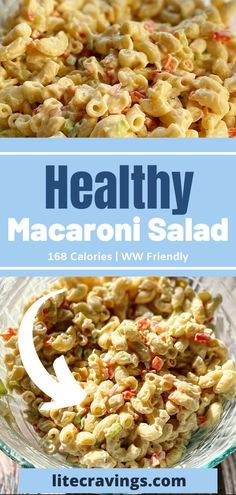 healthy macaroni salad with text overlay