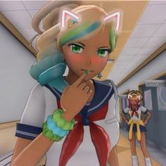 an animated image of a woman with blonde hair and green eyes standing in a hallway