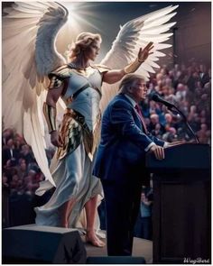 an angel standing next to a man at a podium