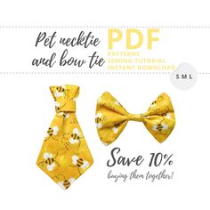 a yellow bow tie with bees on it and the words pet necktie and bow tie