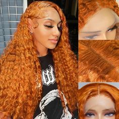 an orange wig with long curly hair is shown in three different views, including the front and