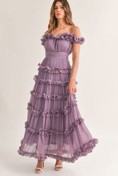 Leylani Lavender Ruffle Tiered Maxi Dress Long Ruffle Dress, Purple Ruffle Dress, Lilac Bridesmaid Dresses, Purple Bridesmaids, Flowy Mini Dress, Cascading Ruffles, Ruffle Trim Dress, Tiered Ruffle Dress, Frill Dress