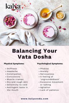 Vata Dosha is associated with the motion of all bodily processes and functions, one of the most important lifestyle considerations is to stabilize this motion by developing a routine. This will be essential for a person with a predominant Vata Dosha to ground all this moving energy. Vata Imbalance Diet, Food For Vata Dosha, Chronic Vata Disorder, Balancing Vata Dosha, Vata Balancing Foods, Vata Dosha Breakfast, Vata Breakfast Ideas, Vata Kapha Dosha Diet, Pitta Vata Dosha Diet