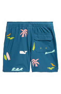 These quick-drying swim trunks feature a fun, summery print and a handy back flap pocket with drainage grommets to help prevent ballooning. Elastic/drawstring waist Front slant pockets; back flap-patch pocket Mesh liner 90% recycled polyester, 10% polyester Machine wash, line dry Imported Playful Swim Trunks For Summer, Playful Swim Trunks For Summer Activities, Playful Short Swim Trunks For Summer Activities, Blue Beachwear Bottoms For Summer Activities, Blue Bottoms For Beachwear In Summer, Playful Blue Swim Trunks For Summer Activities, Playful Swim Trunks For Ocean Activities, Playful Short Swimwear For Summer Activities, Blue Swim Trunks For Summer Activities