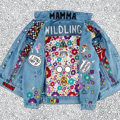 Multicolor Denim Jacket With Patches For Spring, Multicolor Patched Denim Jacket For Spring, Blue Denim Jacket With Custom Artwork For Spring, Trendy Cotton Denim Jacket With Custom Artwork, Spring Denim Jacket With Custom Artwork, Spring Casual Denim Jacket With Custom Artwork, Casual Spring Denim Jacket With Custom Artwork, Fun Spring Denim Jacket, Spring Denim Jacket With Custom Artwork For Streetwear