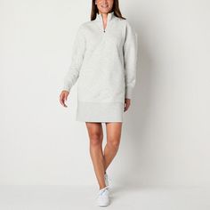 Go for a comfortable trendy look when wearing this women's quarter-zip sweatshirt dress from Xersion. Made from soft recycled cotton-fleece, it has a mock neck, drop shoulders to emphasize its loose fit, long sleeves, side pockets, and a mini hem. Pair it with crew socks and sneakers.Closure Type: Pullover HeadNeckline: Mock NeckPockets: 2 Side Slip PocketsSleeve Length: Long SleeveSleeve Style: Cuffed SleeveApparel Length: 35 InchesDress Length: Midi LengthFiber Content: 55% Cotton, 45% Recycle Sporty Long Sleeve Dress, Casual Sweater Dress With Ribbed Cuffs, Sporty Long Sleeve Sweatshirt Dress For Fall, Winter Loungewear Dresses In Relaxed Fit, Zip Dress, Sweater Dresses, Quarter Zip Sweatshirt, Sweater Dress Women, Small Dress