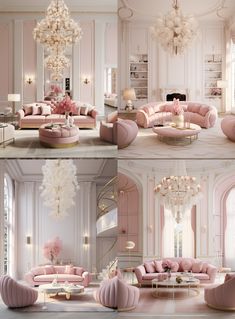 the interior of a luxurious living room with pink furniture and chandelier hanging from the ceiling