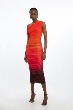 Elevate Your Occasion Wear Wardrobe With Our Midi Dress, With A Figure Hugging Fit And Ruched Detailing That Flatters The Curves, Off Shoulder Sleeves, And A Sunset Inspired Ombre Colourway. Style It With Strappy Heels For An Occasion Look That Is Guaranteed To Turn Heads Wherever You Step. Sunset Printed Mesh Jersey One Shoulder Midi Dress High Quality, Soft Jersey Fabric Figure Hugging Fit Flattering Ruched Detailing Unique, Asymmetric Neckline Relaxed, Off Shoulder Sleeves Statement Ombre Col Civil Wedding Guest Outfit, Bride Jumpsuit, Petite Wedding Guest Dresses, Off Shoulder Sleeves, Plus Size Workwear, Petite Business Casual, Mesh Jersey, Eid Outfits, One Shoulder Midi Dress