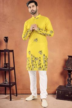 Well- designed this yellow color readymade kurta in art silk fabric crafted with beautiful digital print work enhanced by full sleeves and mandarin collar. Accompanied by a art silk white/ off- white color churidar. Mens Kurta Pajama, Mens Kurta, Churidar, Off White Color, Full Sleeves, Mandarin Collar