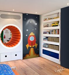 a child's bedroom with a rocket ship mural