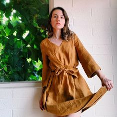 "Adorable linen wrap dress, made in vintage style with wide belt, two side pockets, and midi length. Dijon mustard color is absolutely stunning, it suits this dress just so right. However, I am sure, this dress will wear each color as beautifully as the one in the picture. Sleeves are 3/4 length and are rolled up in the ends. Deep V neckline made this dress even more feminine and girly. I am sure you will catch everybody's attention just wearing it for some special event of yours. Stonewashed li Linen Wedding Dress, Kimono Wrap Dress, Linen Wrap Dress, Linen Kimono, Kaftan Maxi Dress, Deep Autumn, Vintage Autumn, Linen Collection, Kimono Wrap