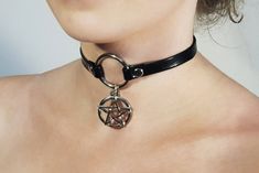 Occult, esoteric pendant - inverted PENTAGRAM choker/necklace. Pentagram charm diameter: 1' inch // 25mm 👇 ✔️ready to ship ✔️handmade in EU ✔️vegan leather ✔️order processing within 24h 👇 ❗ If you need another length - please write in Note to Order. All our shipments are in discreet packages. Gothic Nickel-free Choker Jewelry, Gothic Nickel-free Choker, Nickel-free Gothic Choker Jewelry, Gothic Round Adjustable Necklace, Gothic Adjustable Round Necklace, Handmade Witchy Choker Jewelry, Pentagram Choker, Witchcraft Jewelry, Wicca Necklace