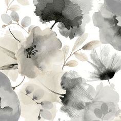 watercolor flowers on white background with grey and gray colors in the middle, including green leaves