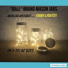 three mason jars with fairy lights in them